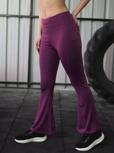 Image of CHKOKKO Gym Pants for Women Workout High Waist Flared Yoga Pants for Woman with Side Pocket Quick Dry Body Fit Stretchable Sports Leggings Trousers Activewear Lower