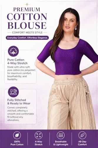 Image of Fressia Fabrics Pure Cotton 4-Way Stretch Readymade Blouse for Women | Free Size to 4XL Stretchable Round Neck Dobby Cotton Half Sleeve Readymade Saree Blouse for Women Stylish