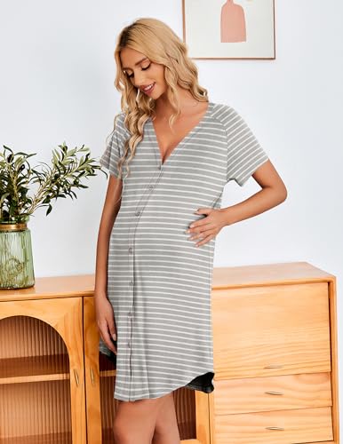 Ekouaer 3 Pack Women's Nightshirt Button Down Nightgown Short Sleeve Sleepshirt V Neck Pajama Dress with Pockets4