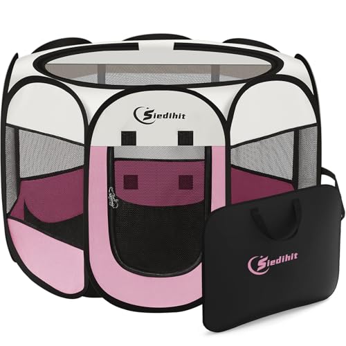 Image of Siedihit Pink Puppy Playpen for Large Dog Cat, Dog Tent Crates Cage Indoor /Outdoor, Portable Pop Up Dog Kennel with Carrying Bag for Rabbits, (Pink, Large)