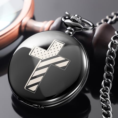 Tiong Bible Verse Pocket Watch Vintage Quartz Pocket Watches Cross American Flag Pattern with Chain Christmas Graduation Birthday Gifts Father's Day - Image 6