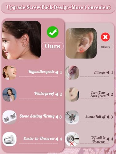 CASSIECA 8 Pairs Hypoallergenic Screw back Earrings for Girls Women 316L Stainless Steel CZ Pearl Heart Flower Turtle Butterfly Stud Earrings Jewelry Gift Women Girl4