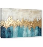 CXHOSTENT Teal Abstract Canvas Wall Art Blue and Gold Wall Decor Golden Foil Artwork Large Living...