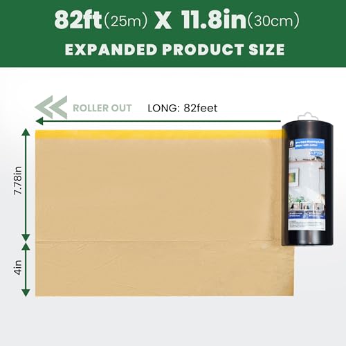 Image of Voomey Pre-Taped Masking Paper for Painting with Dispenser - 12 inch x 82 feet Tape and Drape Painters Paper for Covering Skirting, Frames, Cars and DIY Projects