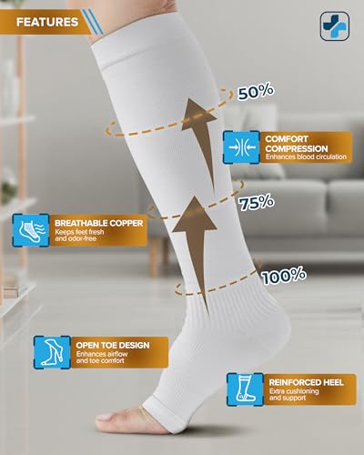 Image of Doctor's Select 3 Pairs Copper Toeless Compression Socks Women & Men - 20-30 mmHg Open Toe Compression Socks Knee High Women