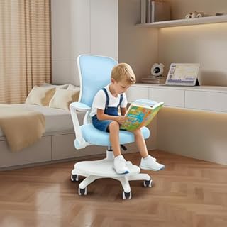 FUNYSF Sedia da ufficio per bambini, con braccioli e poggiapiedi, girevole a 360° e inclinabile