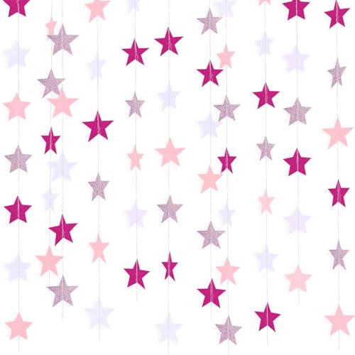 Image of Patelai Glitter Star Garland Banner 2026 Graduation Decor 130 Feet Star Hanging Banner Twinkle Backdrop for Party Birthday Classroom Wedding Supplies(Pink,Rose Red,White)