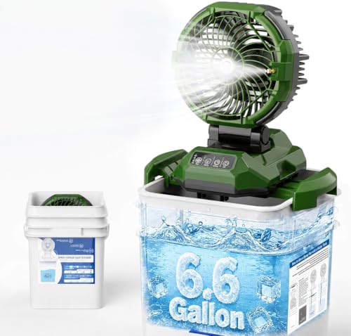 Portable Misting Fan with 25L Bucket, 30000mAh Rechargeable Battery Powered Floor Cooling Fan with 4 Strong Winds & 4 Spray Mister, Outdoor Oscillation Fans for Camping/Patios/Beach (Black Green)
