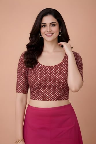 Image of Amazon Brand - Anarva Women's Kalamkari Print Cotton Stretchable Round Neck Readymade Saree Blouse