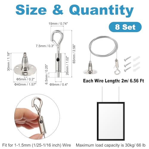 Image of PATIKIL 8 Pcs Adjustable Picture Hanging Wire Kit, 2m /6.6ft Fit for 1.5mm Wire Heavy Duty PVC Coated Stainless Steel Wire Rope Hanger Hardware with Hanging Disc for Hanging Mirrors, Frames