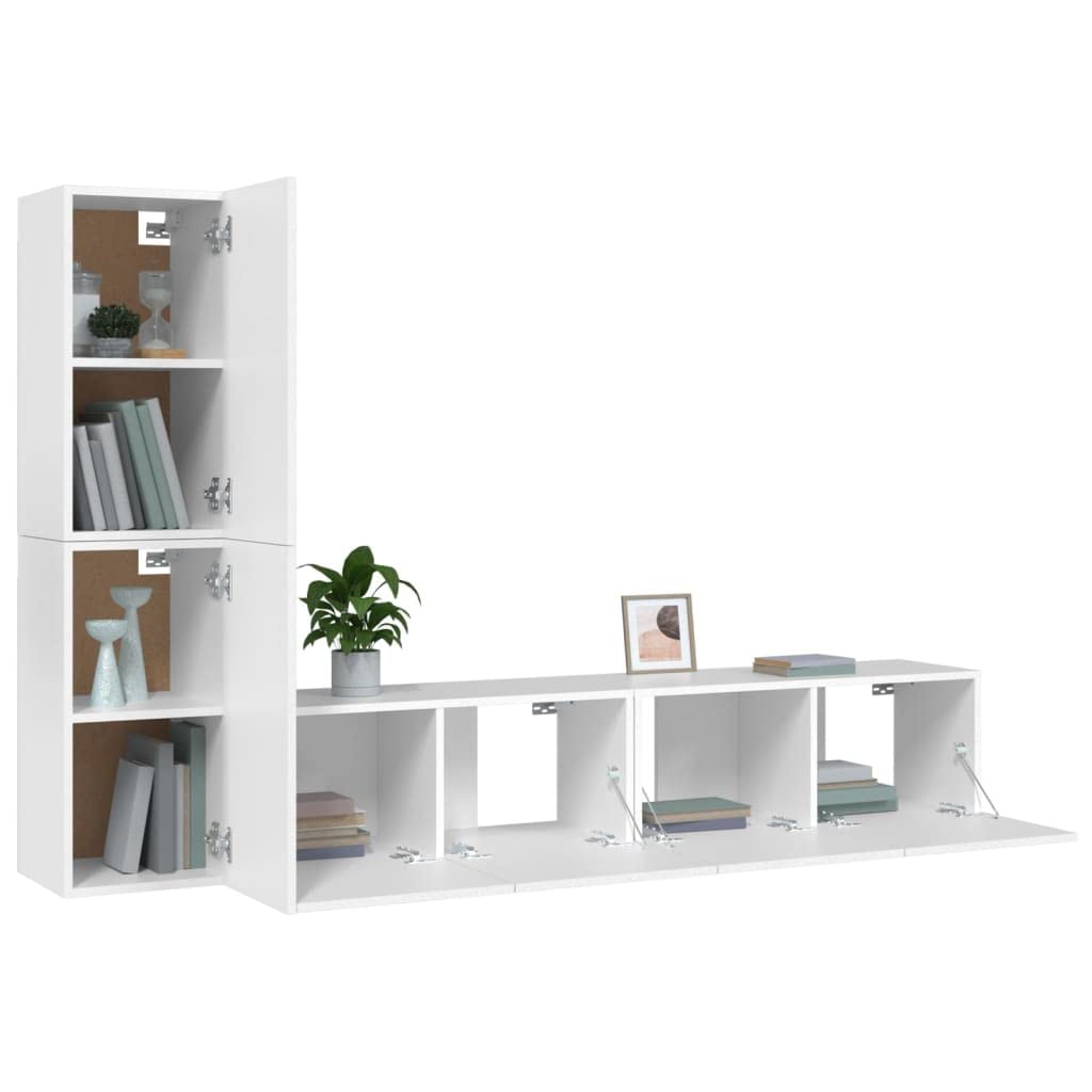 4-TLG. TV-Schrank-Set, Weiß, Holzwerkstoff, Wandmontage, Modernes Media-Center für Wohnzimmer und Schlafzimmer, Viel Stauraum, 80x30x30 cm