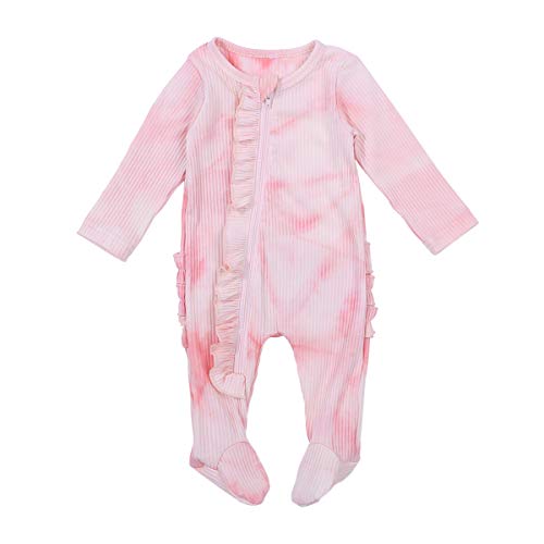 Goelsakurara Newborn Baby Boy Girl Romper Bodysuit Long Sleeve Footie Onesie Jumpsuit Ribbed Pajamas Sleepwear Outfit Clothes (F-tie dye Light Pink,0-3 Months)