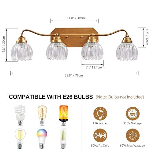 Image of Vintage Bathroom Light Fixtures, 4 Light Gold Bathroom Vanity Light, Matte Antique Brass Finish with Crystal Glass Shade, Wall Sconces Lighting for Bedroom, Living Room, Hallway