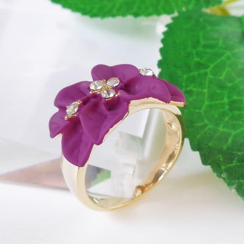 Navachi 18k Gold Plated Clear Crystal Enamel Leaves Flower Ring3