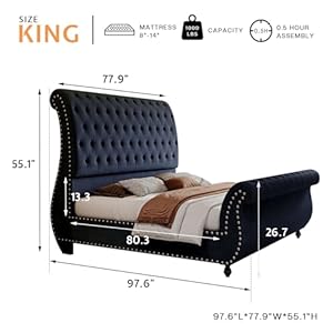 Jocisland king size bed frame velvet upholstered platform sleigh bed with scroll headboard footboard button tufted no box spring needed black  urban country home decor