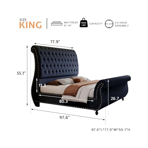 Jocisland king size bed frame velvet upholstered platform sleigh bed with scroll headboard footboard button tufted no box spring needed black  urban country home decor