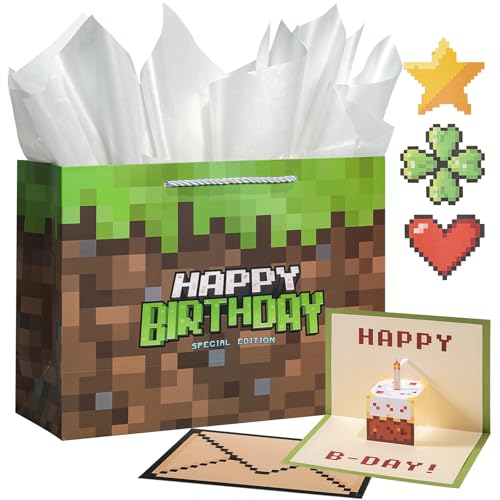 Crisky Large Video Game Birthday Bags with 3D Pop Up Cake Card Tissue Papers Pixel Boys Birthday Gift Bag for Teens Girls Men Women Gamer Party Decorations