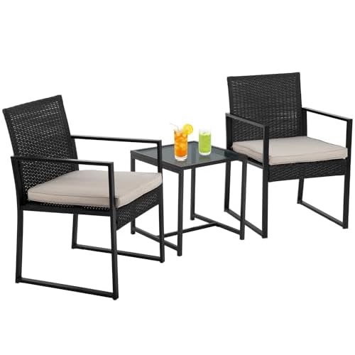 PayLessHere 3-Piece Rattan Wicker Bistro Set Outdoor Conversation Set Sturdy Frame Wicker Furniture with 2 Chairs Cushions Tempered Glass Table for Poolside Balcony Patio Bar Garden (Khaki)