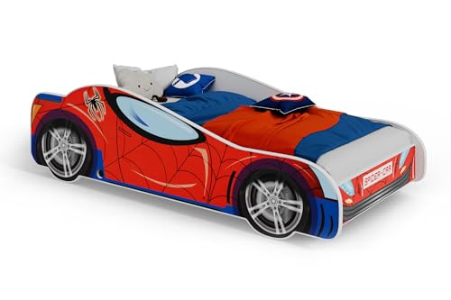 KOBI Lit Enfant Voiture 160x80 Racing Red avec Matelas, lit Auto pour garçon et Fille, lit sécurisé en Forme de Voiture avec Motif Super-héros pour Chambre...
