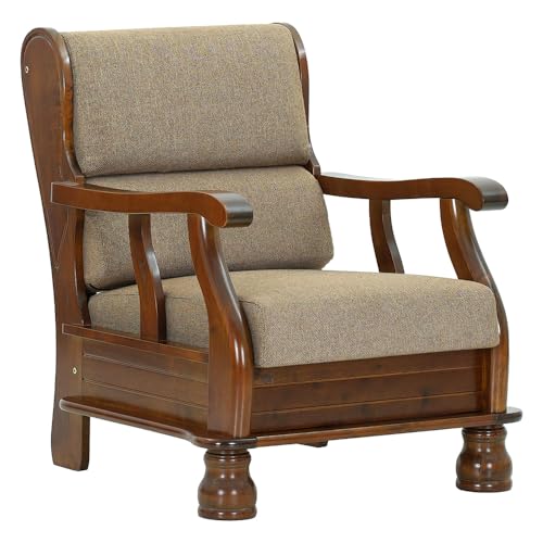 Image of Royaloak Melaka Wooden Single Seater Sofa with Brown Colour Cushion | Solid Wood | Fabric Cushion Cover | Moulded Foam Cushions | Curved Arm Design | Durable & Long Lasting | Malaysian Collection