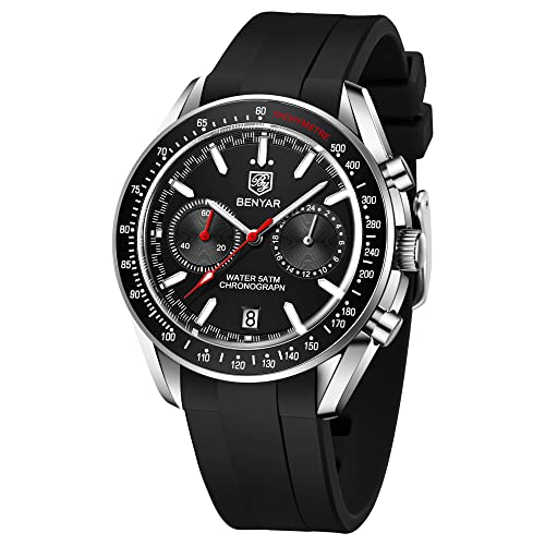 Image of BENYAR - Stylish Wrist Watch for Men, Genuine Silicone Strap Watches, Perfect Quartz Movement, Waterproof and Scratch Resistant, Analog Chronograph Quartz Business Watches