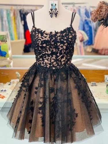 GARDOM Gothic Black Spaghetti Straps Tulle Homecoming Dresses 2025 Short Lace Appliques Prom Dresses for Teens Pockets2