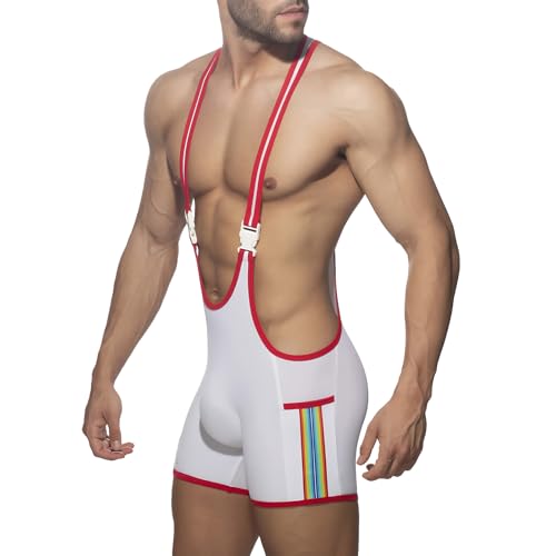 FakeFace Herren Ringeranzug, Sexy Wrestling Singlet mit Regenbogenstreifen, Atmungsaktiv Elastisch Ringer Trikot für Fitness Training Bodybuilding, XXL (Weiß)