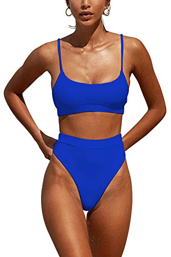 DaiLiWei Womens Swimsuits High Waist Crop Sports Bikini Sets Two Piece High Cut Bathing Suits Swimwear Dark Blue