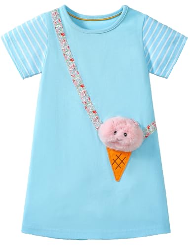 FreeLu Girls Cartoon Appliques Dress Cotton Summer Short Sleeve Dresses Casual Jersey Skirt(7T,Blue Icecream)
