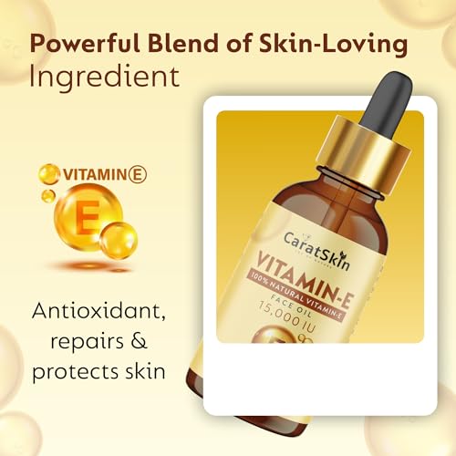 Image of CaratSkin Vitamin E Oil 50ml | 15000 IU High Potency | 100% Natural | Moisturizing Oil for Hair & Skin | Helps Reduce Stretch Marks, Fine Lines & Wrinkles | Restores Glow & Skin Elasticity | For All Skin Types