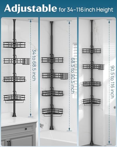 Image of SEIRIONE Corner Shower Caddy Tension Pole, Quick Setup, Rust-Free Bathroom Shower Organizer Corner for Bathtub Shampoo Storage, 4-Tier Adjustable Shelf, Drill Free, Fits 34 to 116 Inch Height, Black