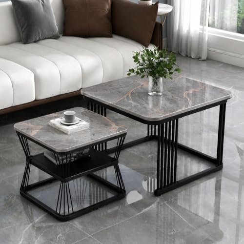 Image of Brown Art Shoppee Set of 2 Modern Coffee Tables with Marble Finish Top, Metal Frame, Nesting Center Table & End Table for Living Room Home Decor (Black & Grey)