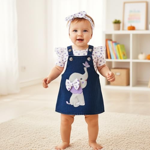 Image of Baby Girl Clothes Newborn Ruffle Romper Elephant Jeans Skirt 0-18M | Soft Romper, Adjustable Jean Skirt with Headband Elephant Butterfly Design, Snap Closure, Everyday Wear