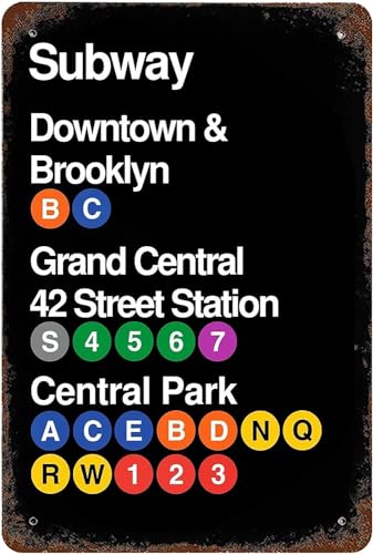 Metal Tin Sign 8x12 Vintage New York City Subway Downtown & Brooklyn Grand Central 42 Street Station Park, Wall Decor NYC Railway Poster Art for Home Living Room Garden Garage Office Cafe Bar