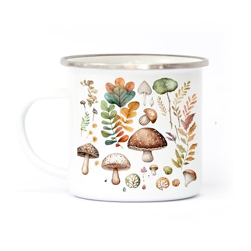 Pink Positive Mushroom Gift Enamel Mug | Tin Camping Mug for Outdoor Camping and Campervan