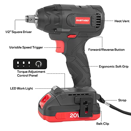 Eastvolt 20V Cordless Impact Wrench, 250Ft-Lbs High Torque Brushless Wrench Kit 2600 Rpm, Battery Impact Driver With Fast Charger, Led Light, 4 Sockets, Belt Clip And Storage Box #TOP1