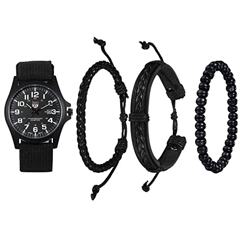 Avaner Men's Bracelet Watch Set, 4 Pcs Wrist Set With Military Nylon Strap Quartz and Black Leather Bracelets for Men