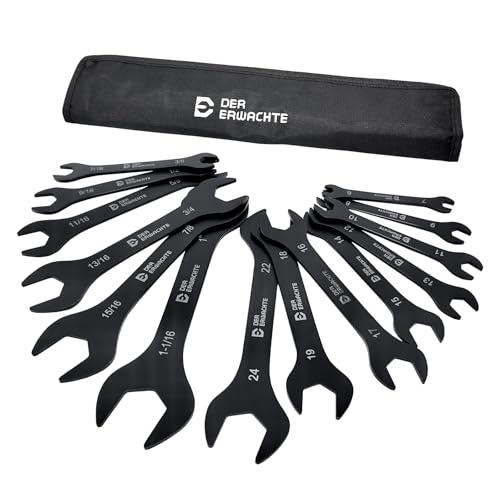 Image of Der Erwachte Super-Thin Open End Wrench Set, 14-Piece SAE & Metric Sizes, 6mm to 24mm, 3 /8 inch to 1-1 /16 inch, Black Electrophoretic Coating, Ultra-Slim with Mechanic Rolling Pouch