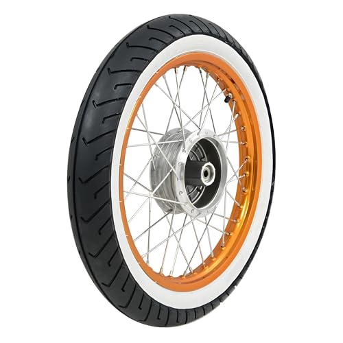 Komplettrad - HINTEN - 1,5x16 Zoll - Alufelge orange eloxiert und poliert, Chromspeichen - MITAS-Weißwandreifen MC2 montiert