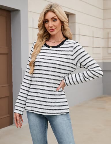 Blooming Jelly Womens Tops Long Sleeve Shirts Striped Tweed T Shirt Dressy Casual Business Crewneck 2025 Fall