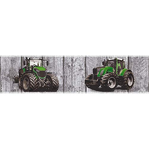 BRICOFLOR Frise papier peint tracteur vert Frise tapisserie imitation bois gris motif tracteur Frise murale idéale chambre garçon