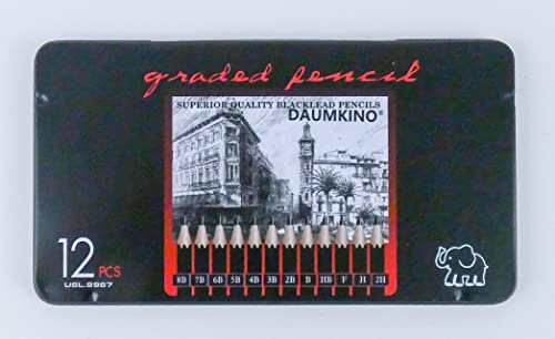 DAUMKINO® Bleistiftset mit 12 Qualitäts-Bleistiften 8B, 7B, 6B, 5B, 4B, 3B, 2B, B, HB, F, H, 2H in Metallbox Cover