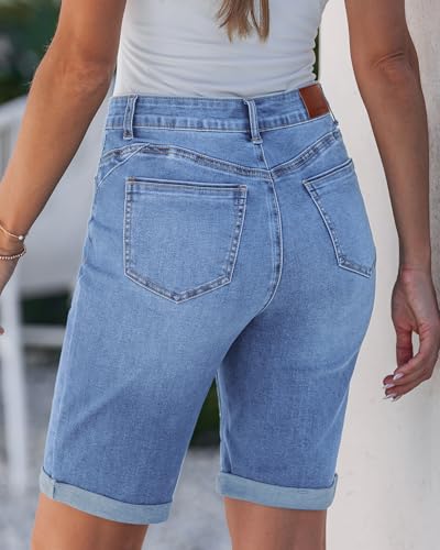 Image of luvamia Bermuda Jean Shorts Women High Rise Stretchy Cuffed Hem Denim Jorts
