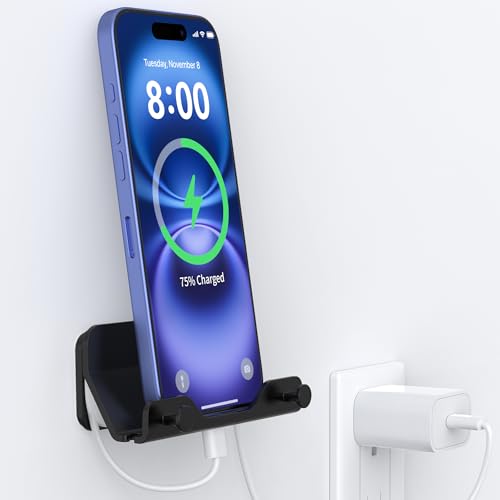 HomeMount Hands Free Wall Mount Phone Holder with Adhesive Strip for Bedroom Living Room Kitchen Compatible with All Phone or Mini ipad (Black 1 Pack)