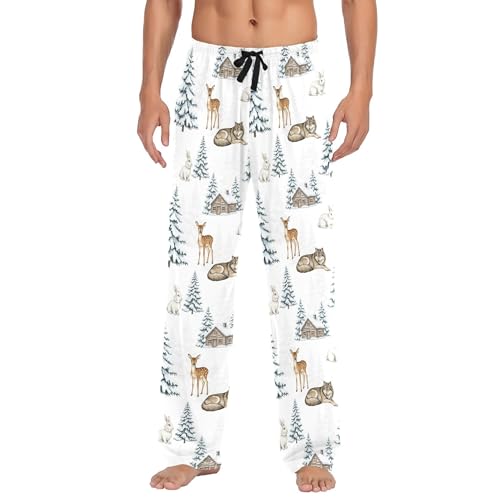 Men's Pajama Bottom Winter Forest Animals Pattern Cotton Pajama Pants Drawstring Sleepwear Long Pants Pockets