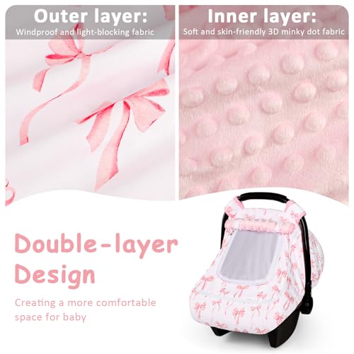Image of Baby Car Seat Cover with Mesh Window, Windproof Carseat Cover for Infant Girls, Infant Carseat Canopy with with Dual Zipper, Compatible with Most Baby Car Seat, Pink Bow