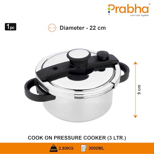 Image of Prabha Cook-on Outer Lid Stainless Steel Pressure Cooker |Deep Lid controls spillage| Pressure Indicator | Anti-bulge Base | Cool Touch Weight | Gas & Induction Base compatible | 5 years warranty (3L)