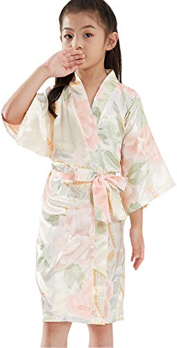 QXQTER Girls Floral Silk Kimono Robe Wedding Flower Girl Robes Dressing Gown Bathrobes Housecoat