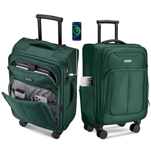 cllson Softside Top Opening Carry On Luggage 22x14x9 Airline Approved 20 Inch USB Port Suitcases with Spinner Wheels Expandable luggage with TSA Lock for Women Men (Green 20 Inch)