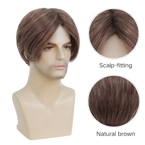 Image of Swiking Short Brown Wig for Men Natural Straight Middle Part Wigs Synthetic Hair Daily Cosplay Costume Fluffy Wig(Brown)